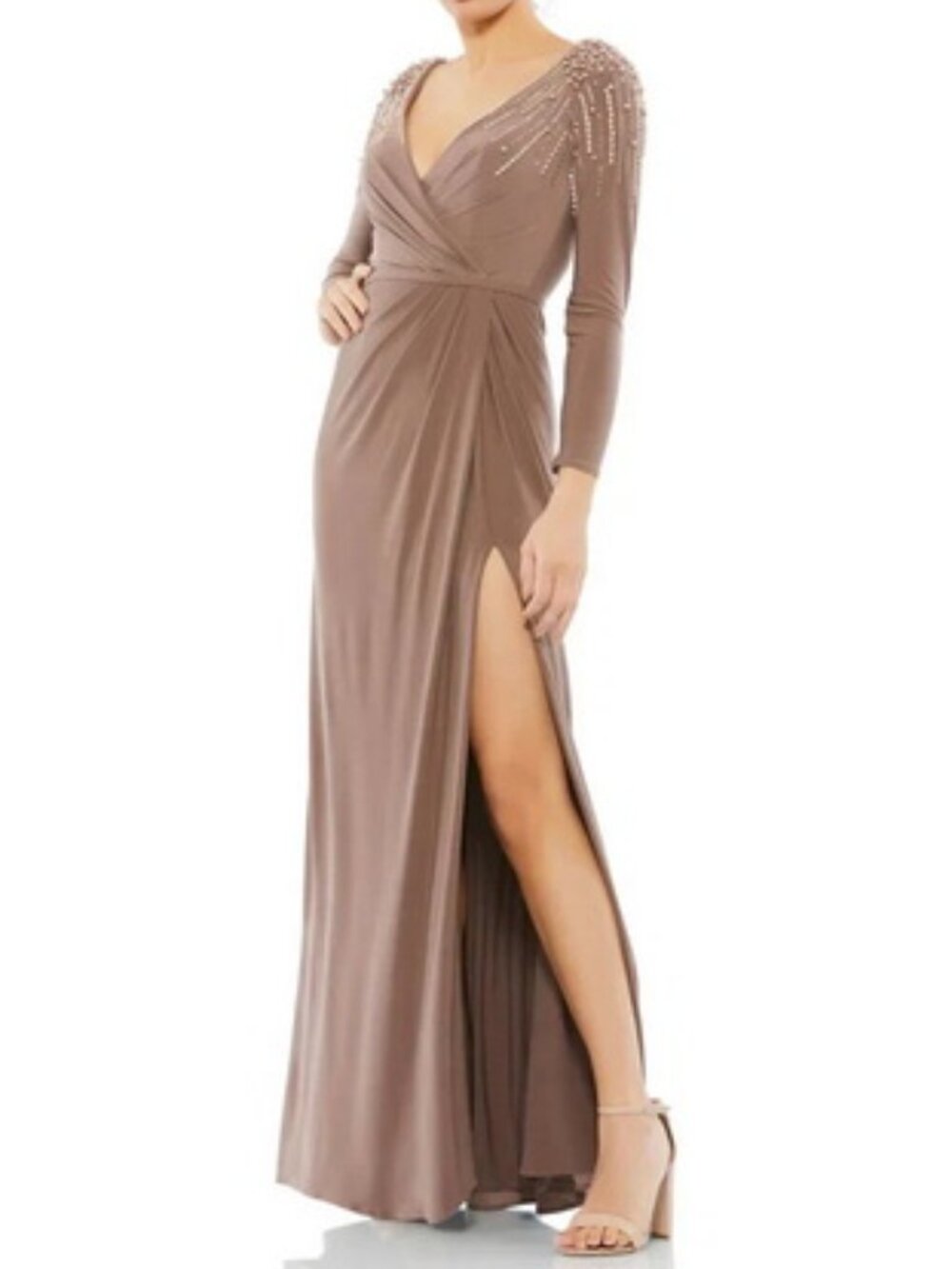 Mac Duggal Mocha Long Sleeve Faux Wrap Beaded Jersey Gown